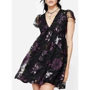 Disturbia Estrid Embroidered Mesh Flute Sleeve Mini Dress Purple Size 8 NWT